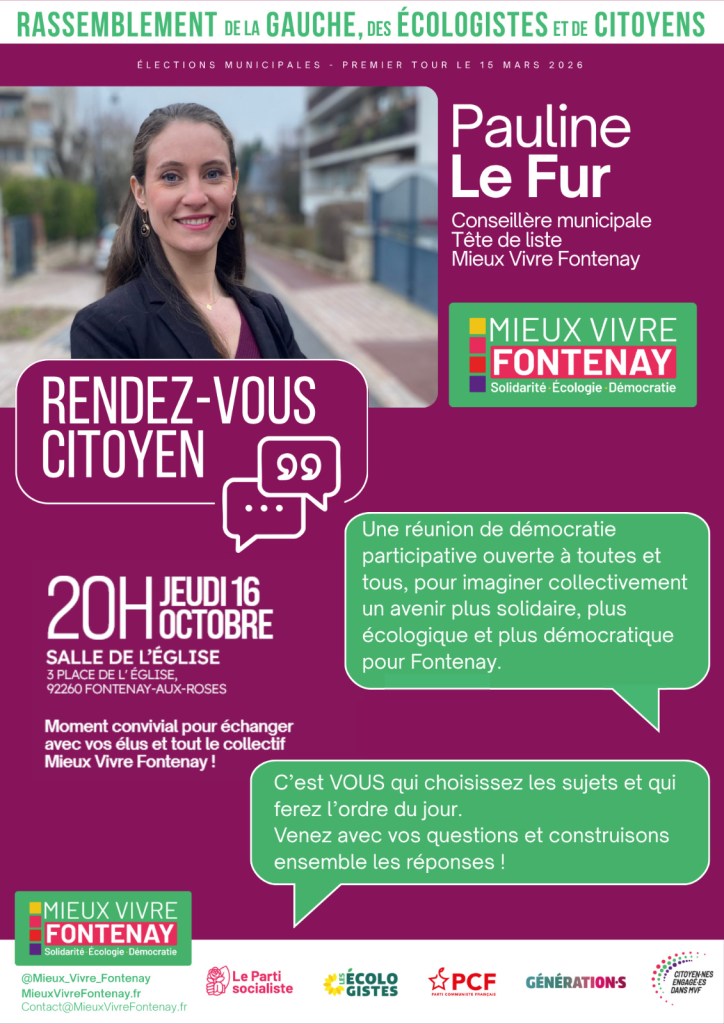 une réunion de démocratie participative ouverte à toutes et tous pour imaginer collectivement un avenir plus solidaire, plus écologique et plus démocratique pour Fontenay.
C'est VOUS qui choisissez les sujets et ferez l'ordre du jour. 
Venez avec vos questions et on construira ensemble les réponses.